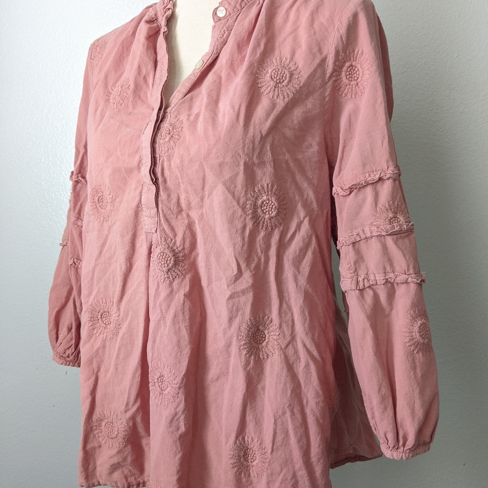 Pink Ruffle Floral Embroidered Blouse Top - Picture 2 of 4